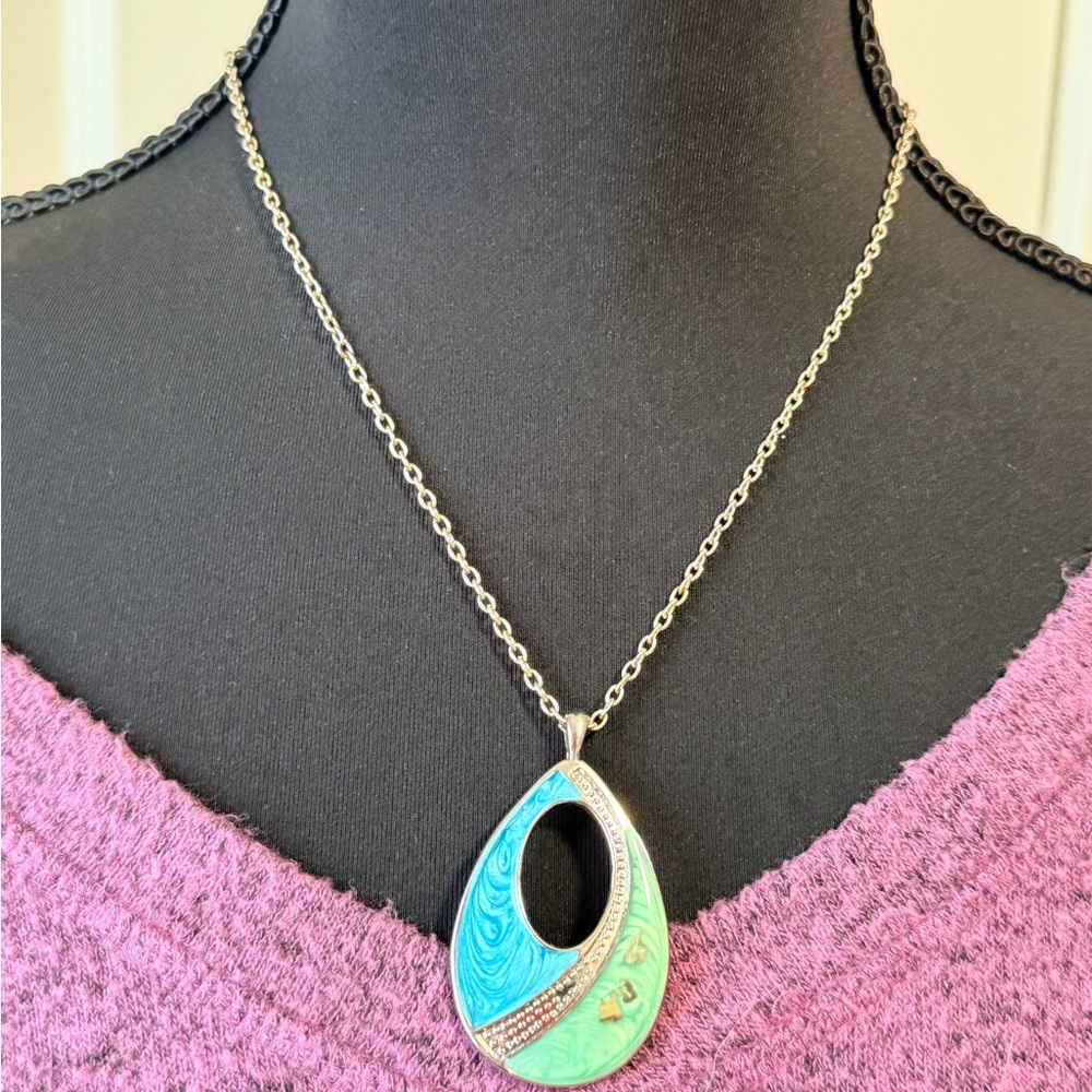 Silver Teardrop Pendant Necklace with Blue and Aqua Inlay